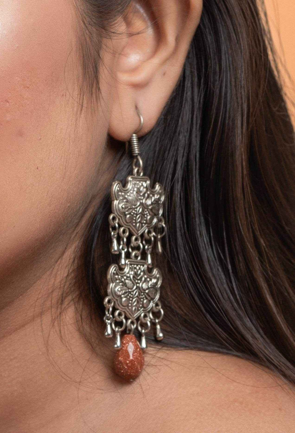 Handmade Sandstone Drop Earrings - Designer German Silver Two-Layer Dangle Style for All Occasions - Lookandadorn.com