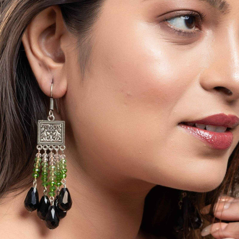 Designer Handmade Earrings - Oxidised Silver with White, Green & Black Crystals Drop - Lookandadorn.com