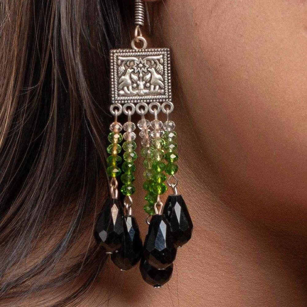 Designer Handmade Earrings - Oxidised Silver with White, Green & Black Crystals Drop - Lookandadorn.com