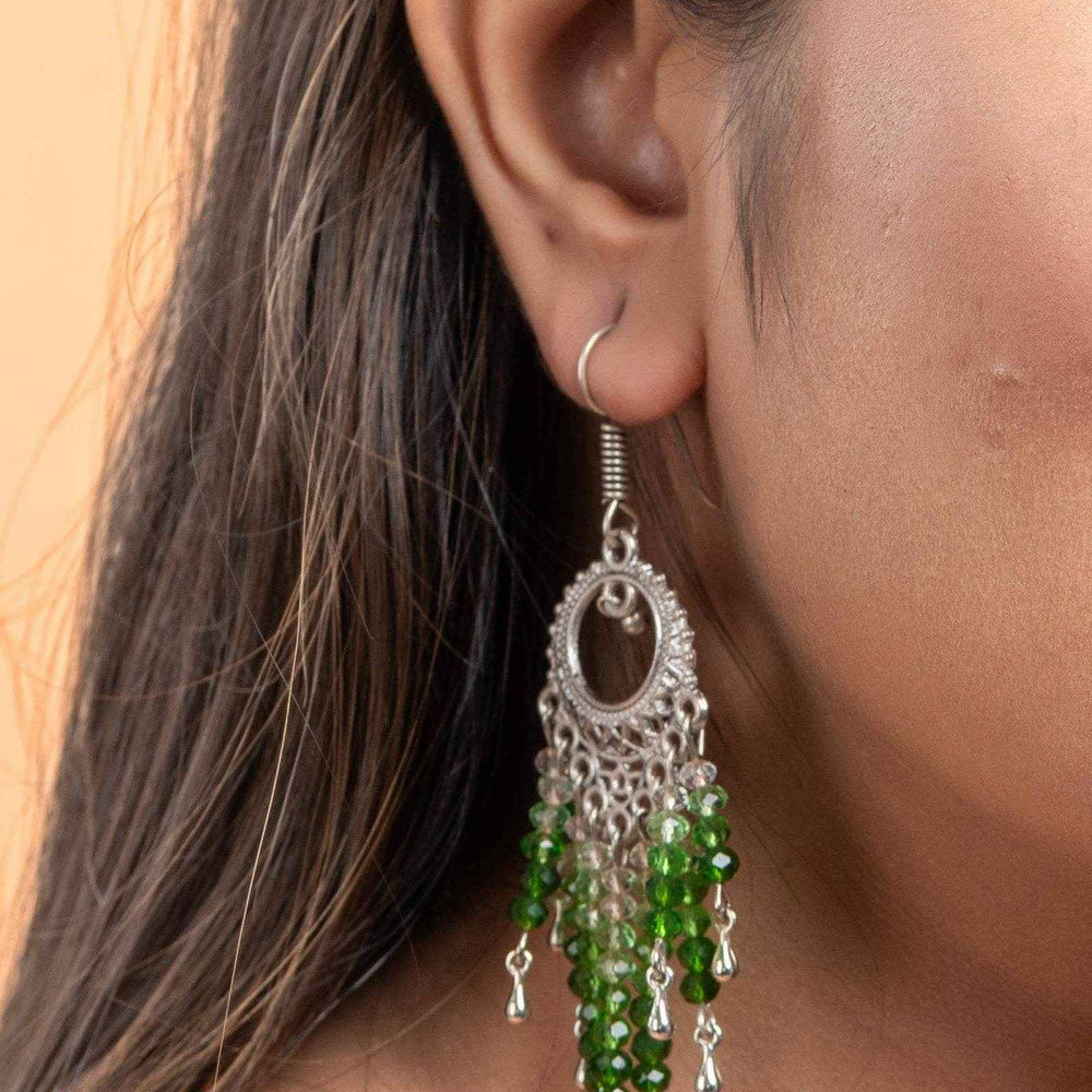Handmade Jewelry With Crystals: Designer Oxidised Silver Earrings Featuring White & Green Crystals - Lookandadorn.com