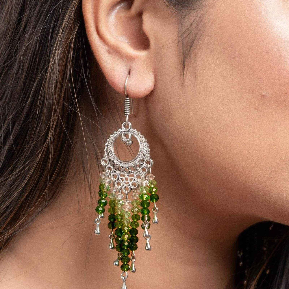 Handmade Jewelry With Crystals: Designer Oxidised Silver Earrings Featuring White & Green Crystals - Lookandadorn.com
