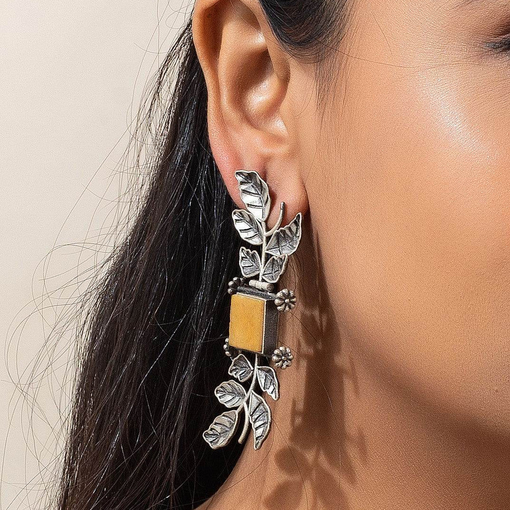 Designer Oxidised Silver Leaf with Yellow Stone Earrings - Unique Long Studs for Any Occasion - Lookandadorn.com