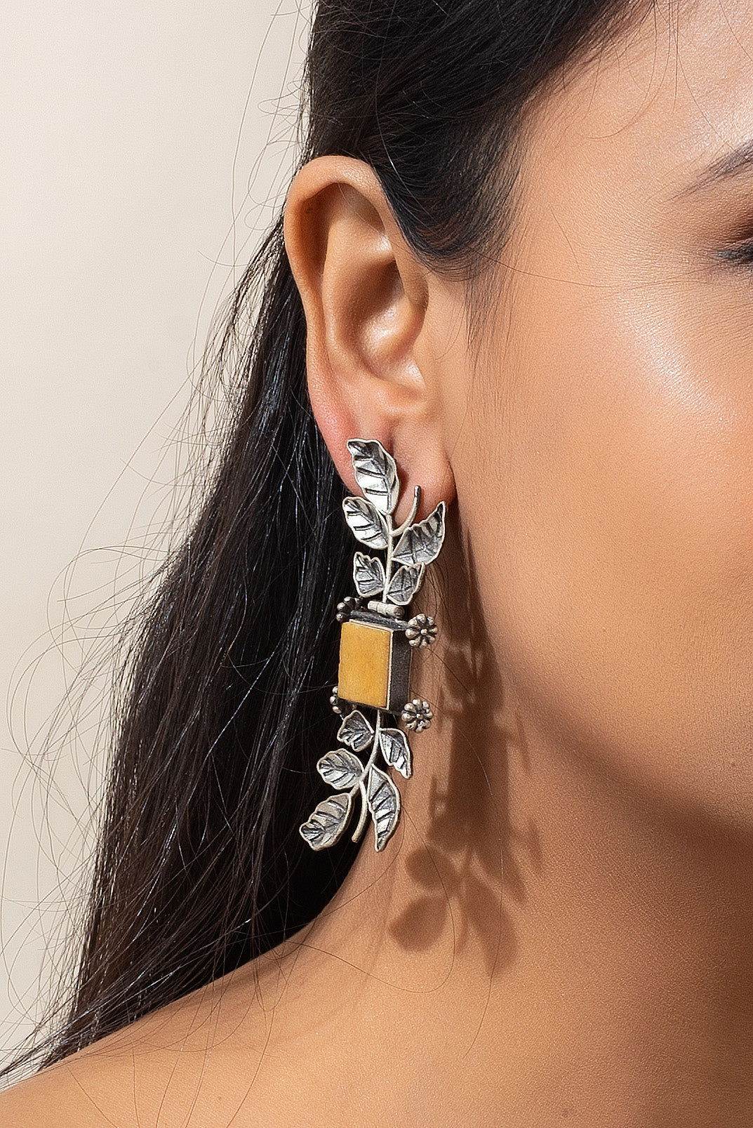 Designer Oxidised Silver Leaf with Yellow Stone Earrings - Unique Long Studs for Any Occasion - Lookandadorn.com