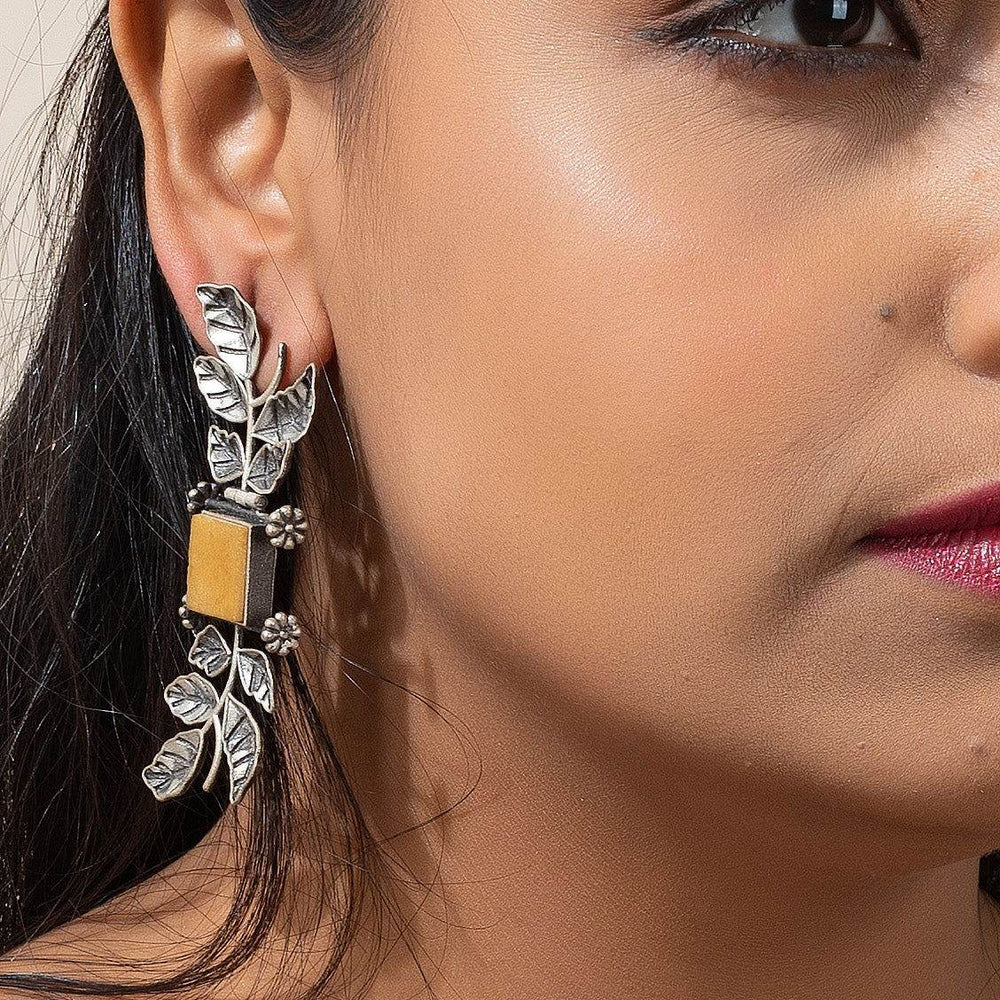 Designer Oxidised Silver Leaf with Yellow Stone Earrings - Unique Long Studs for Any Occasion - Lookandadorn.com