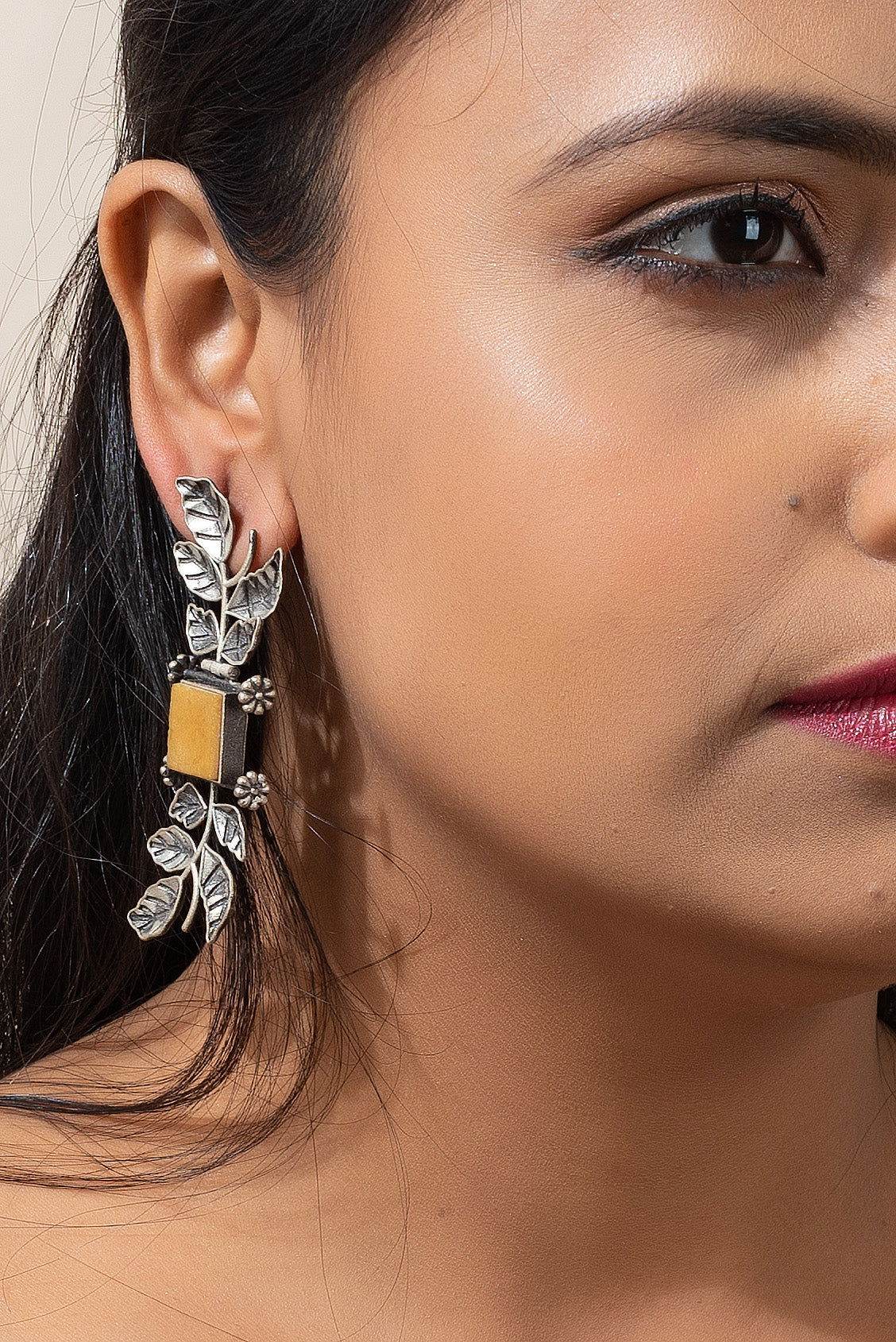 Designer Oxidised Silver Leaf with Yellow Stone Earrings - Unique Long Studs for Any Occasion - Lookandadorn.com