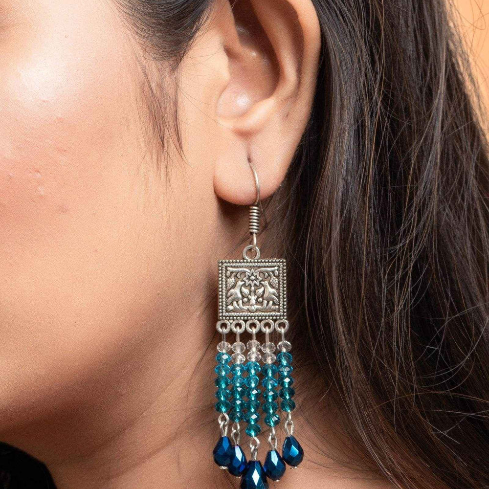 Designer Oxidised Silver Earrings With Blue Drop Crystal Earrings And White Crystals - Lookandadorn.com