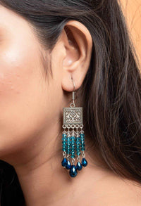 Designer Oxidised Silver Earrings With Blue Drop Crystal Earrings And White Crystals - Lookandadorn.com