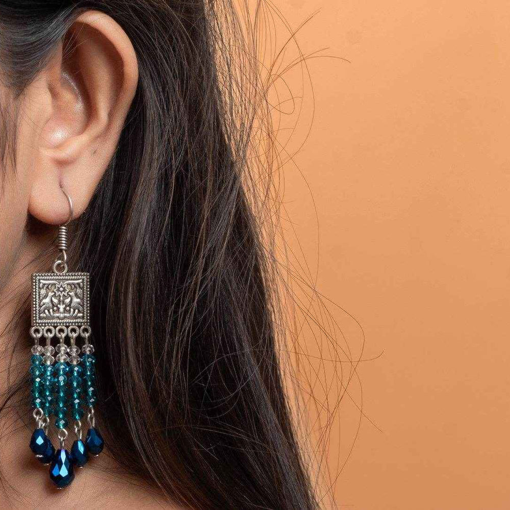 Designer Oxidised Silver Earrings With Blue Drop Crystal Earrings And White Crystals - Lookandadorn.com