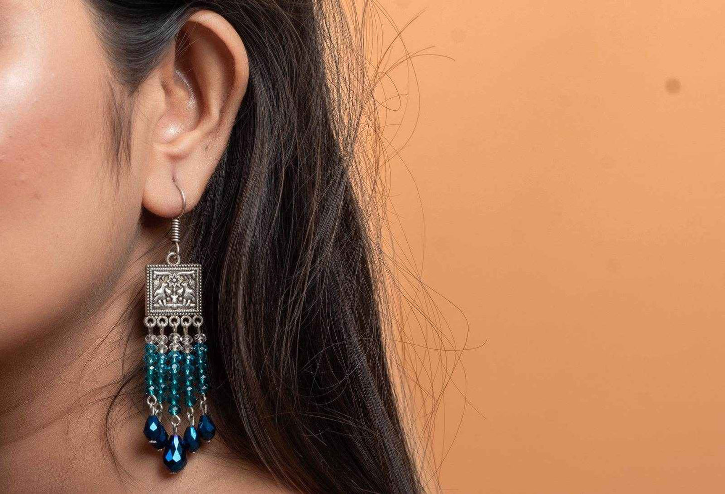 Designer Oxidised Silver Earrings with Blue Drop Crystals