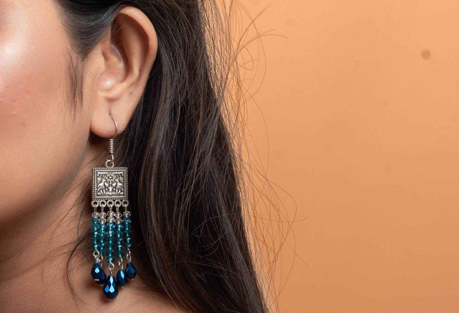 Designer Oxidised Silver Earrings With Blue Drop Crystal Earrings And White Crystals - Lookandadorn.com