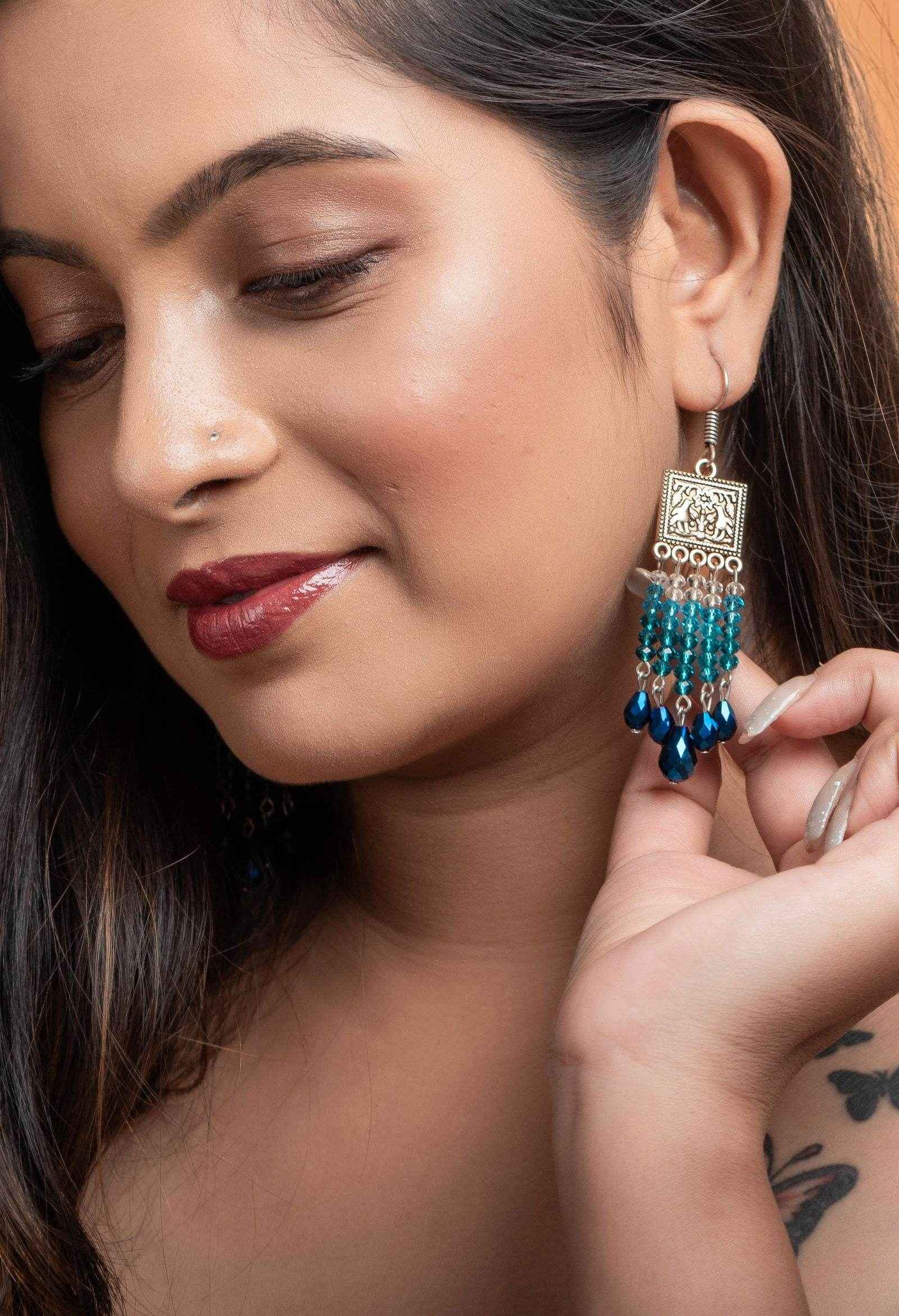 Designer Oxidised Silver Earrings With Blue Drop Crystal Earrings And White Crystals - Lookandadorn.com