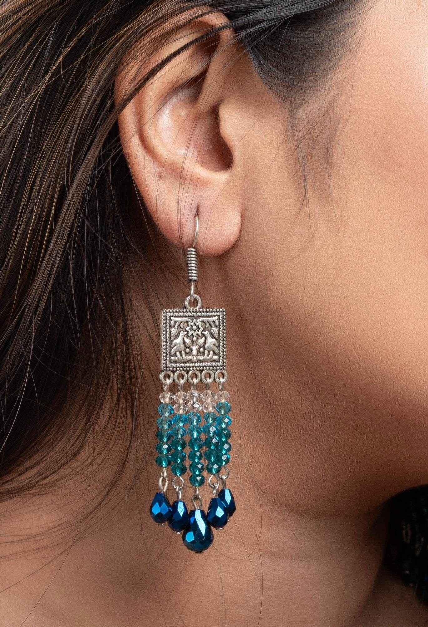 Designer Oxidised Silver Earrings With Blue Drop Crystal Earrings And White Crystals - Lookandadorn.com