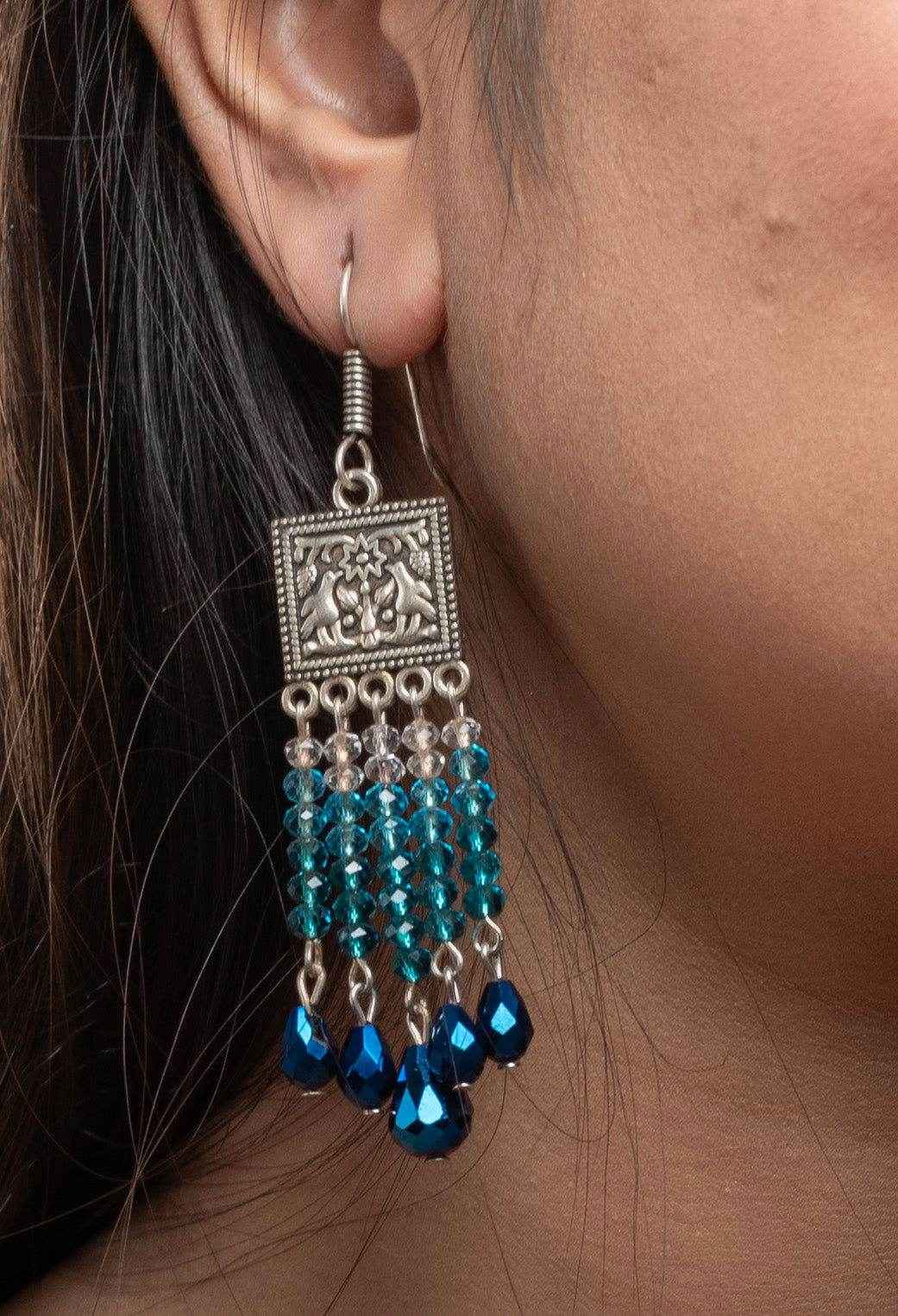 Designer Oxidised Silver Earrings With Blue Drop Crystal Earrings And White Crystals - Lookandadorn.com