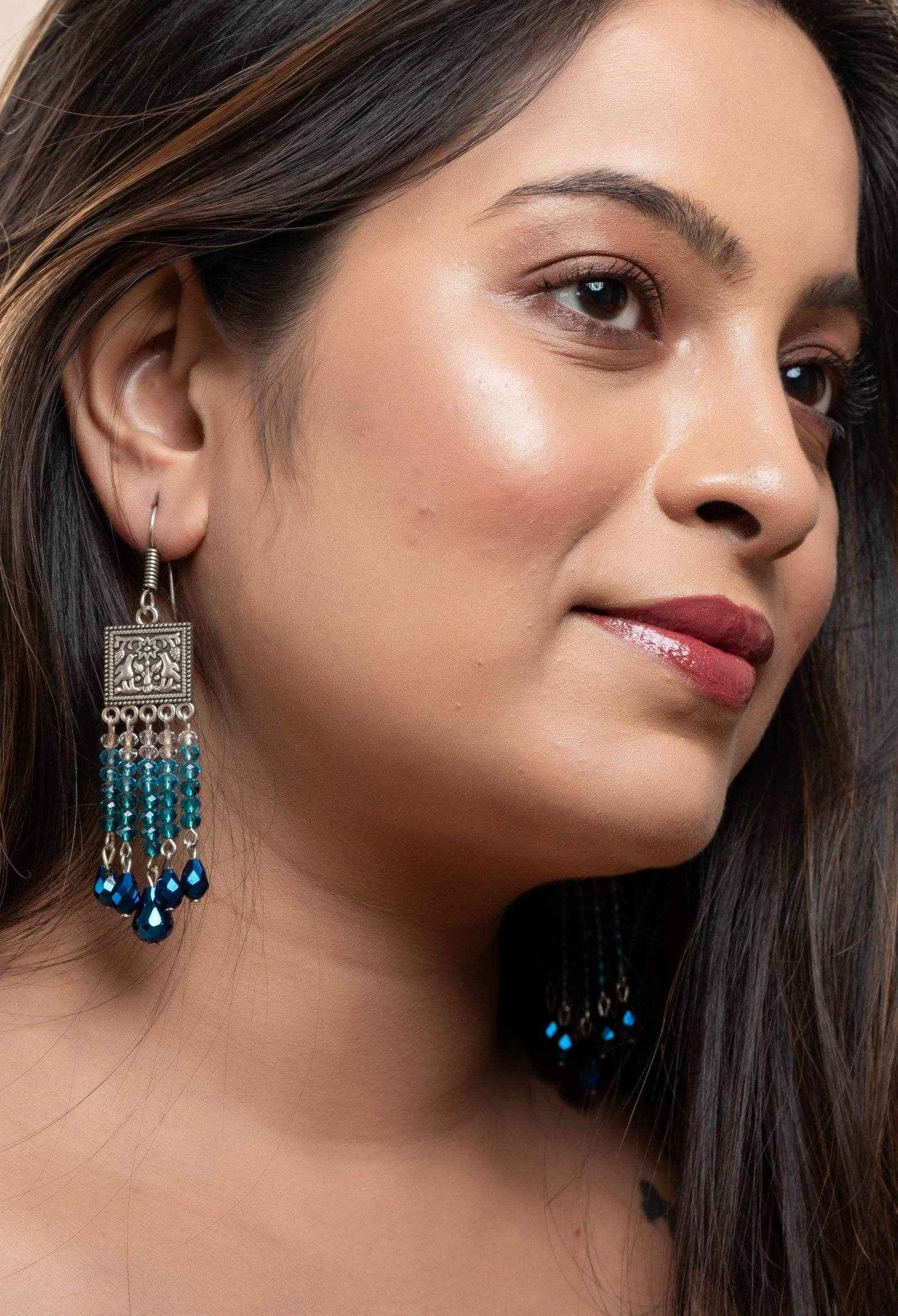Designer Oxidised Silver Earrings With Blue Drop Crystal Earrings And White Crystals - Lookandadorn.com