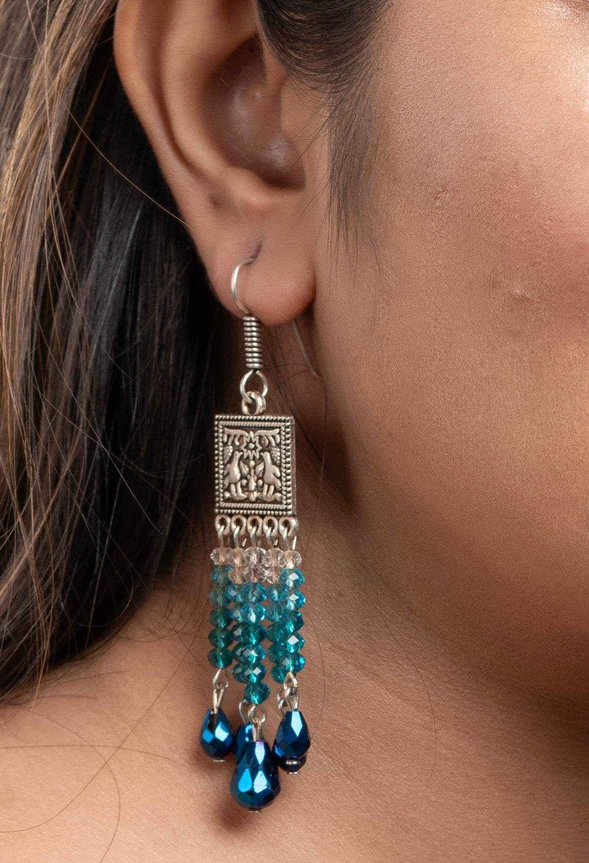 Designer Oxidised Silver Earrings With Blue Drop Crystal Earrings And White Crystals - Lookandadorn.com