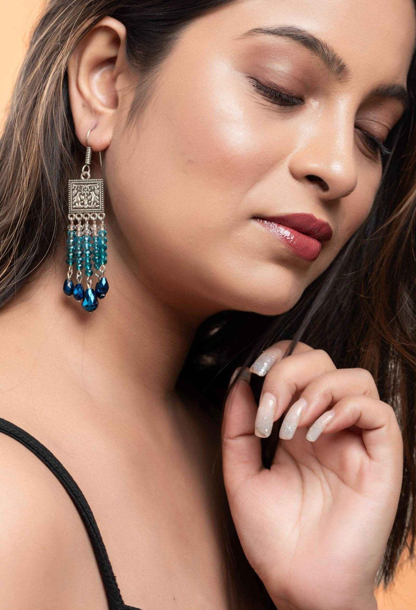 Designer Oxidised Silver Earrings With Blue Drop Crystal Earrings And White Crystals - Lookandadorn.com