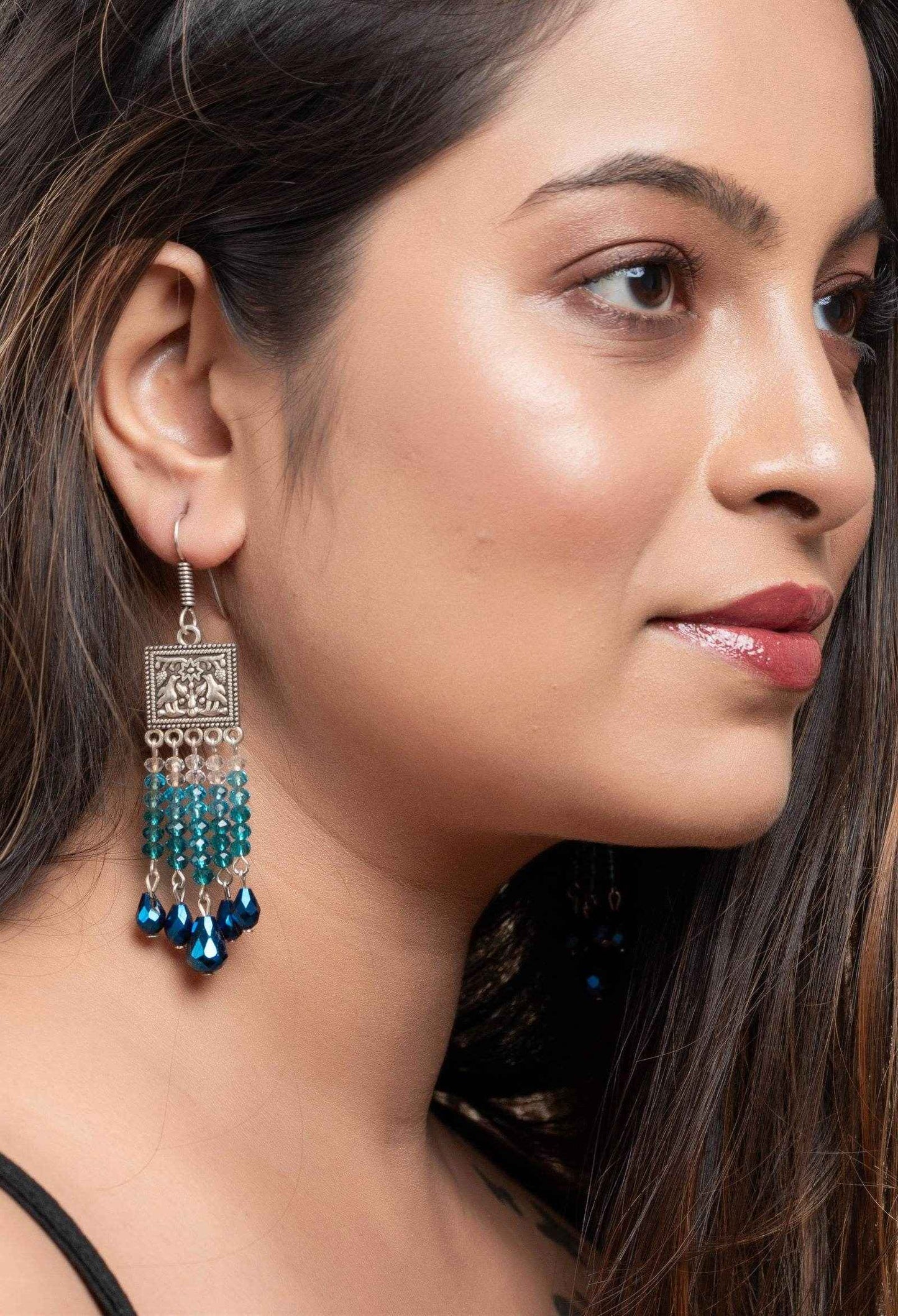 Designer Oxidised Silver Earrings With Blue Drop Crystal Earrings And White Crystals - Lookandadorn.com
