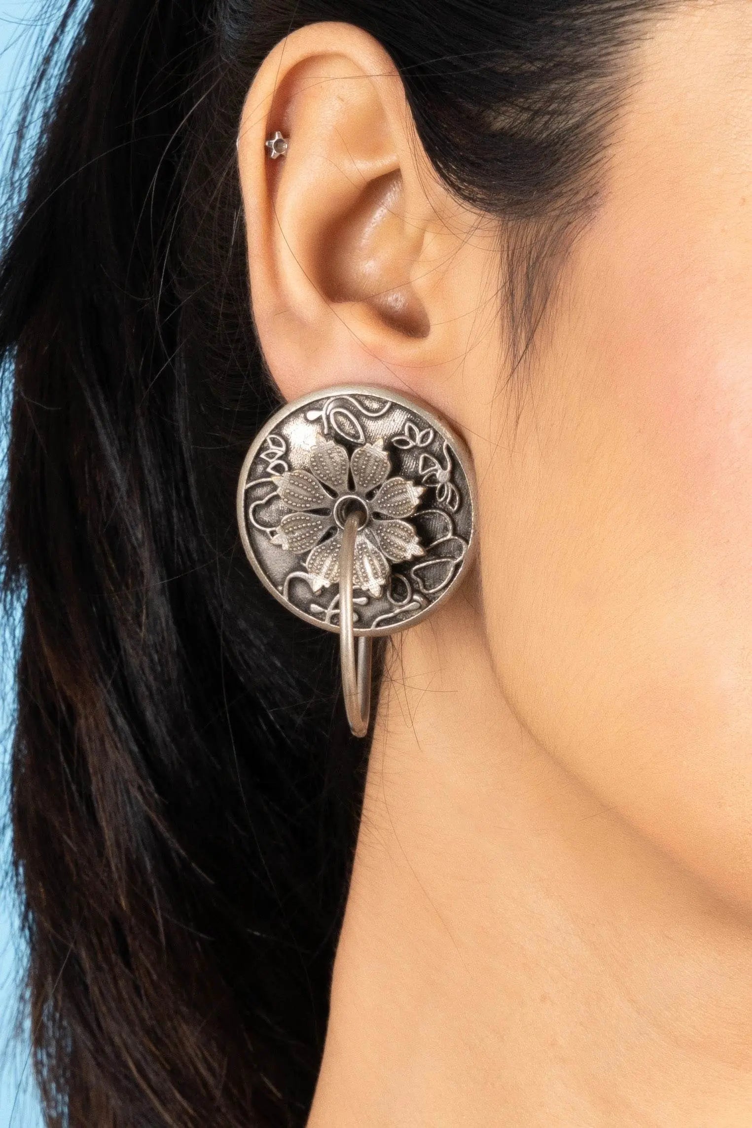 Designer Oxidized Silver Floral Ring Stud Earrings for Elegant Everyday Wear - Lookandadorn.com