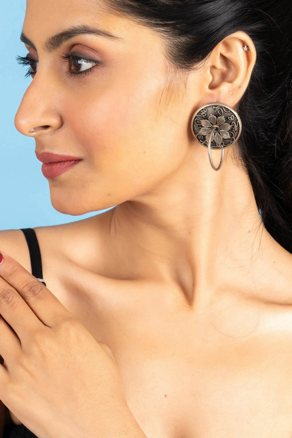Designer Oxidized Silver Floral Ring Stud Earrings for Elegant Everyday Wear - Lookandadorn.com