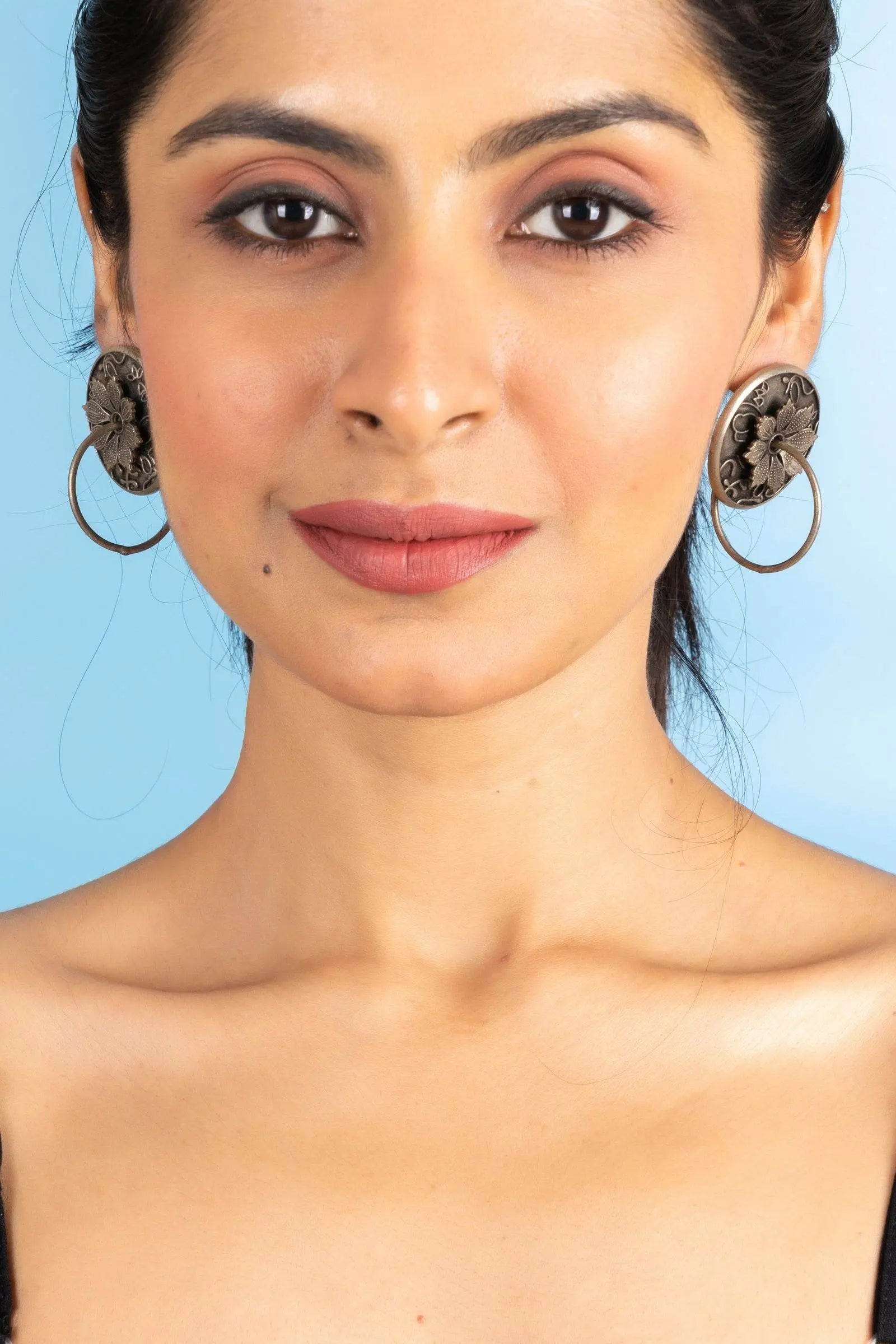 Designer Oxidized Silver Floral Ring Stud Earrings for Elegant Everyday Wear - Lookandadorn.com