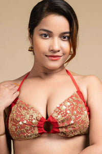 Designer Red Backless Halter Neck Non Padded Bikini Blouse For Women - Lookandadorn.com