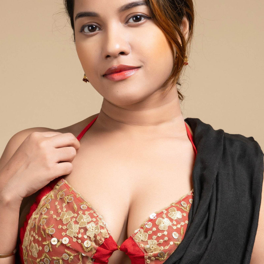 Designer Red Backless Halter Neck Non Padded Bikini Blouse For Women - Lookandadorn.com