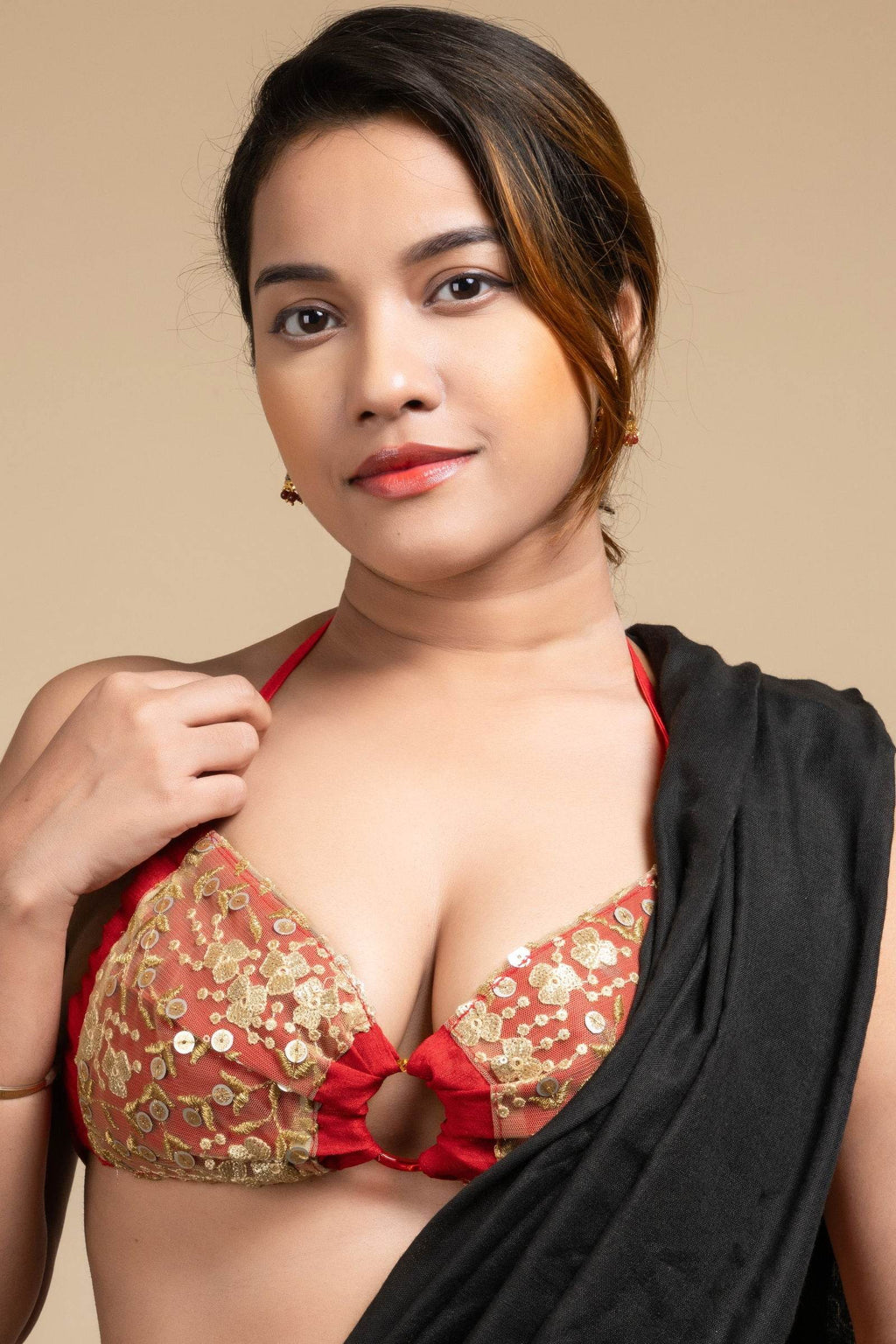 Designer Red Backless Halter Neck Non Padded Bikini Blouse For Women - Lookandadorn.com