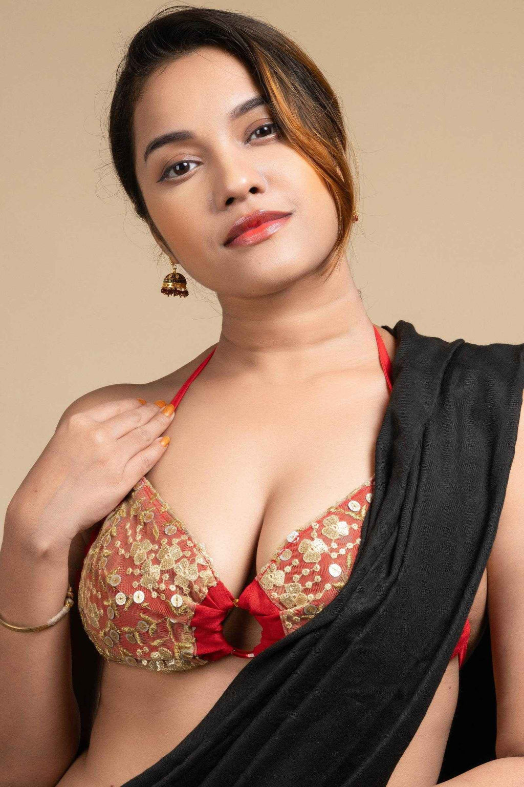 Designer Red Backless Halter Neck Non Padded Bikini Blouse For Women - Lookandadorn.com