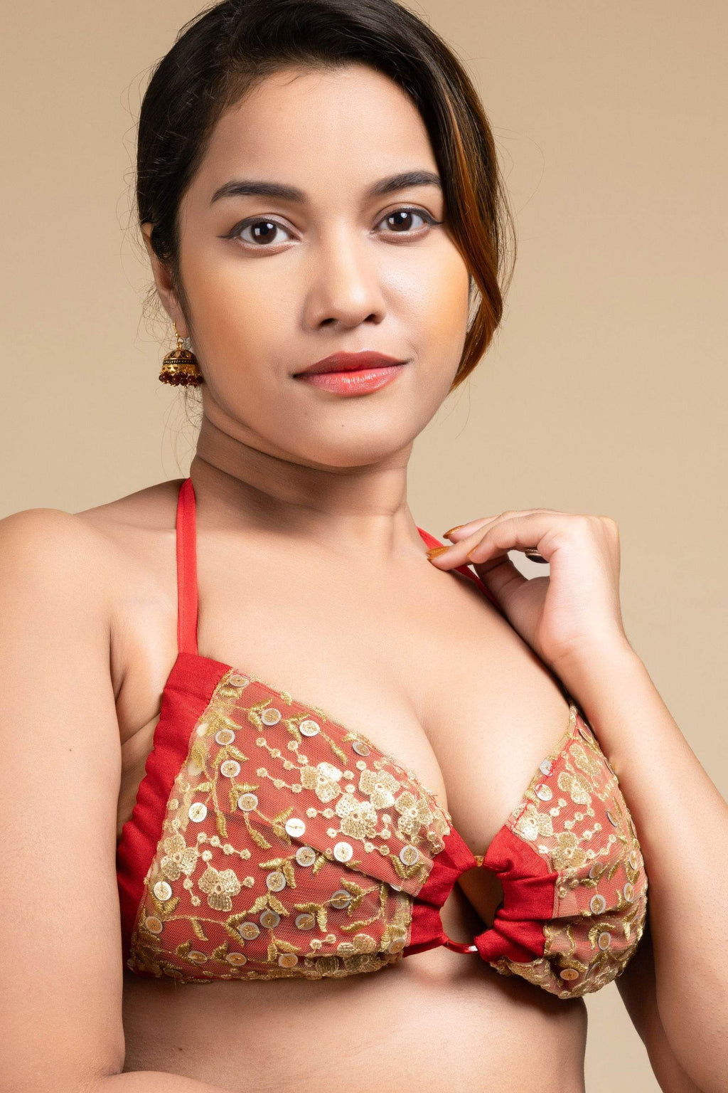 Designer Red Backless Halter Neck Non Padded Bikini Blouse For Women - Lookandadorn.com