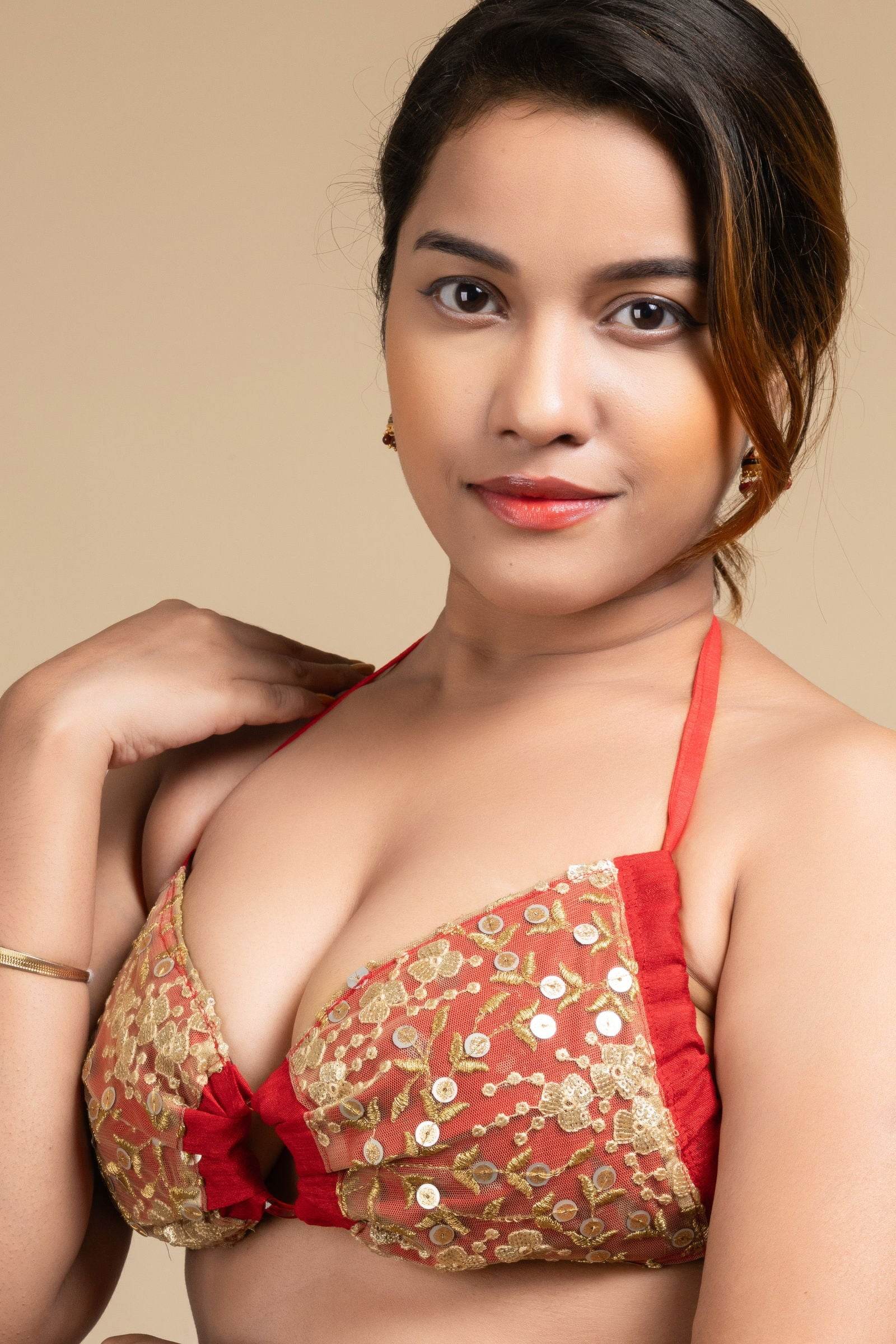 Designer Red Backless Halter Neck Non Padded Bikini Blouse For Women - Lookandadorn.com