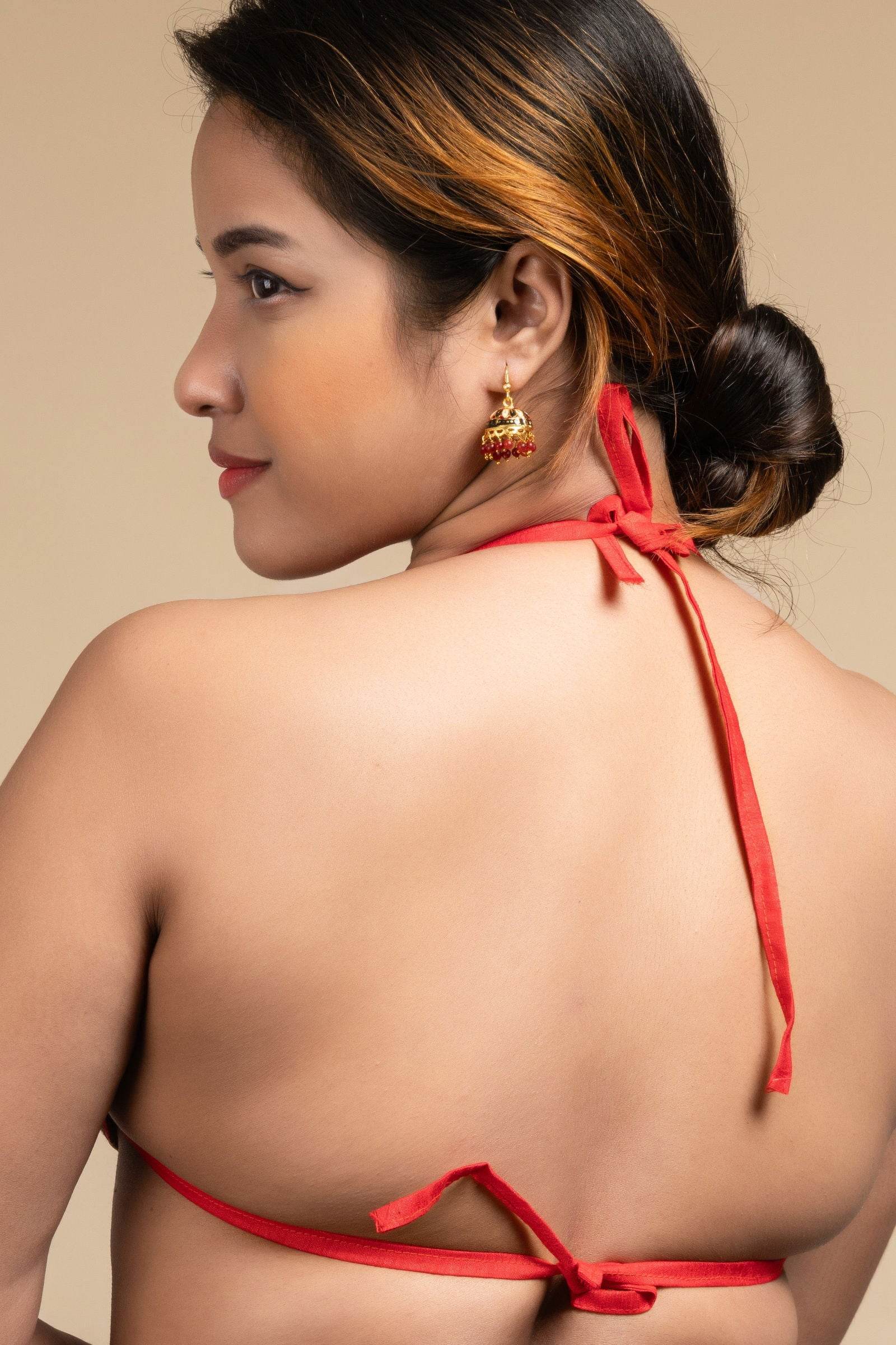 Designer Red Backless Halter Neck Non Padded Bikini Blouse For Women - Lookandadorn.com