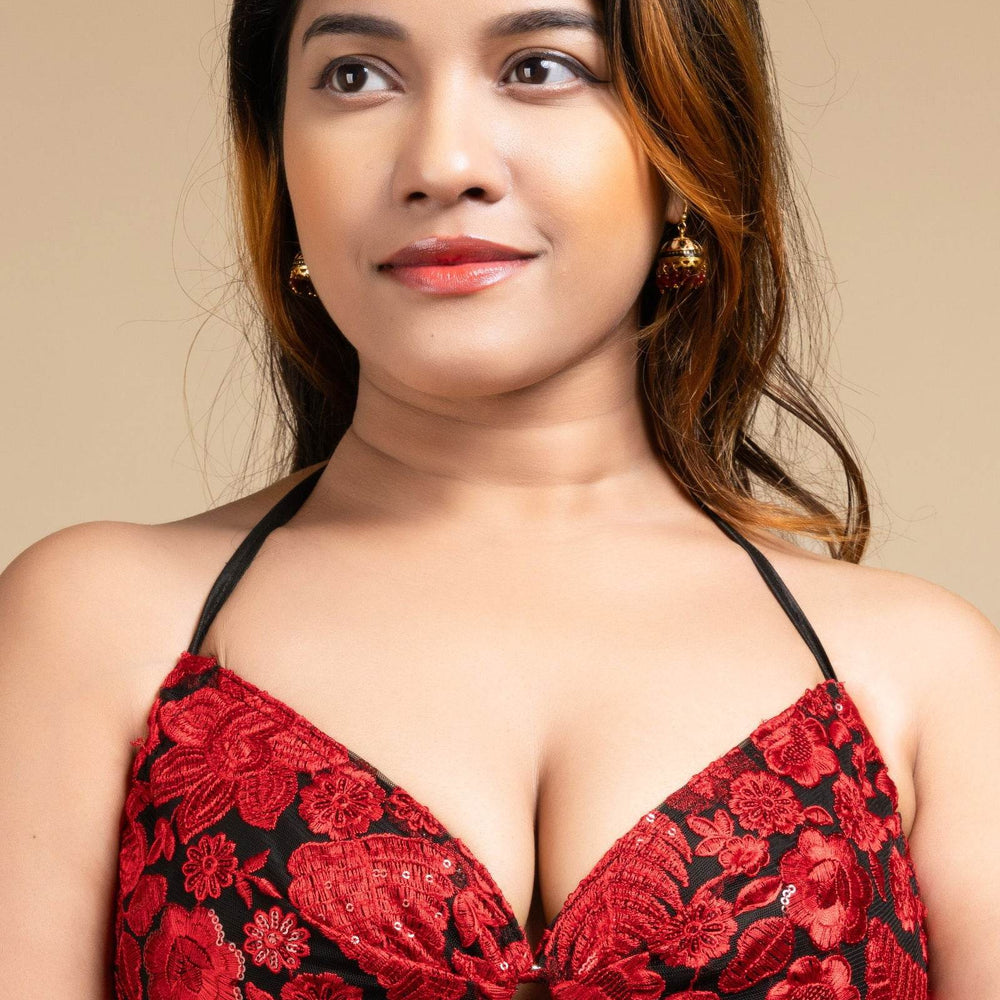 Designer Red Backless Halter Neck Non Padded Bikini Blouse For Women - Lookandadorn.com