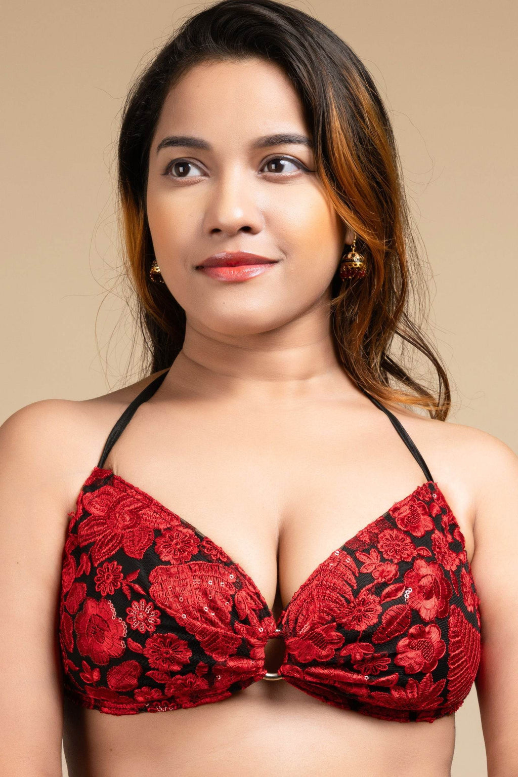 Designer Red Backless Halter Neck Non Padded Bikini Blouse For Women - Lookandadorn.com