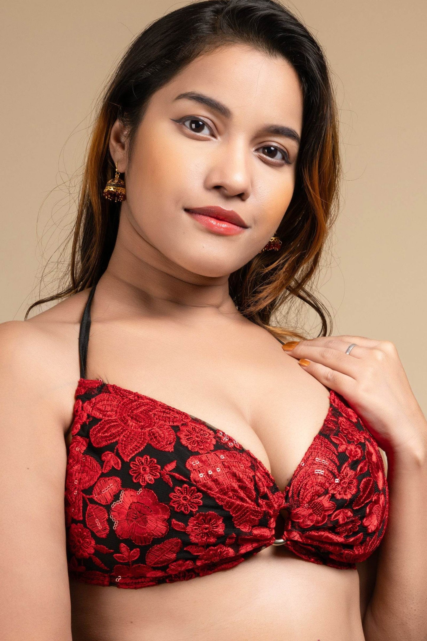 Designer Red Backless Halter Neck Non Padded Bikini Blouse For Women - Lookandadorn.com