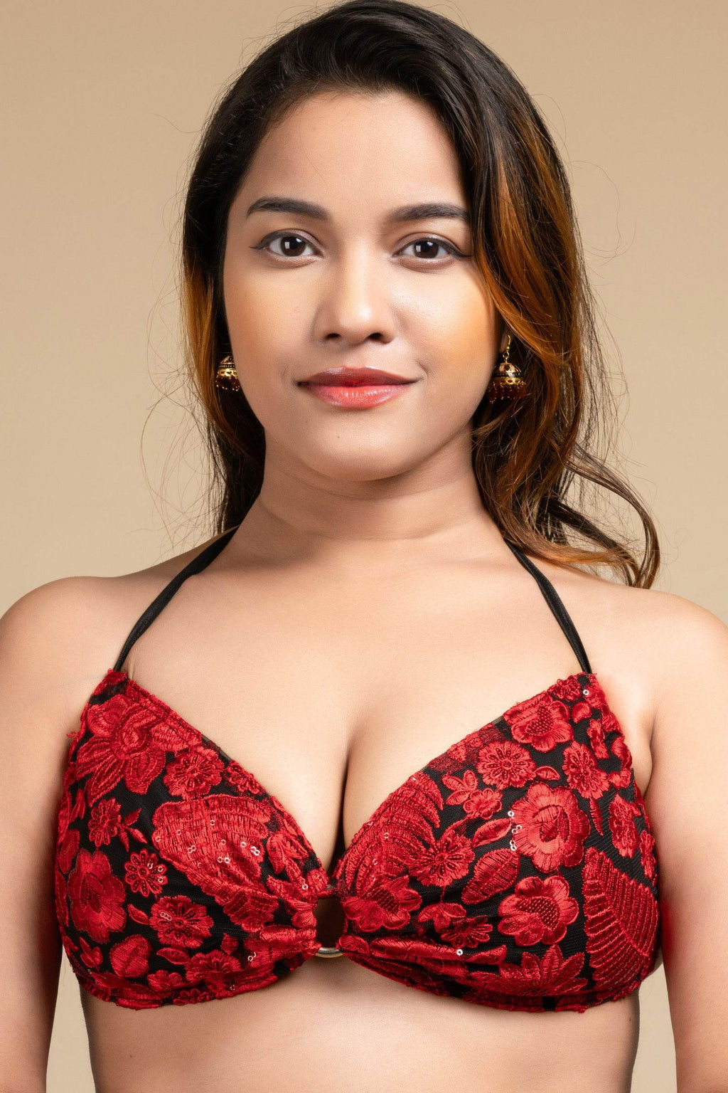 Designer Red Backless Halter Neck Non Padded Bikini Blouse For Women - Lookandadorn.com