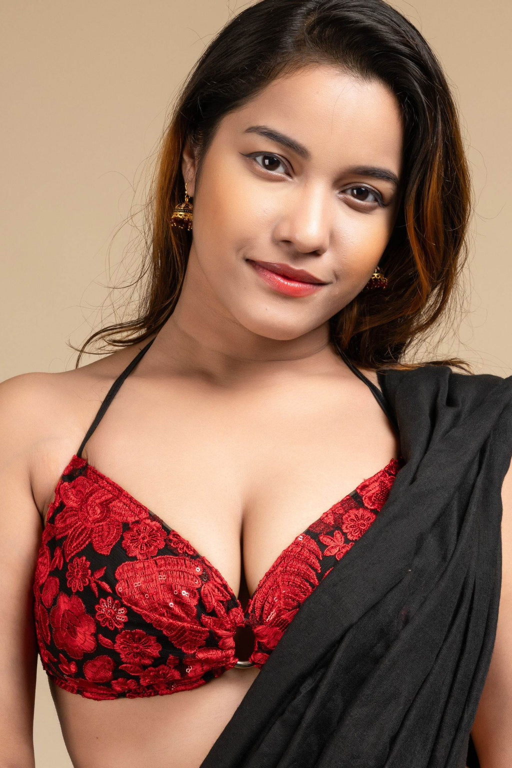 Designer Red Backless Halter Neck Non Padded Bikini Blouse For Women - Lookandadorn.com