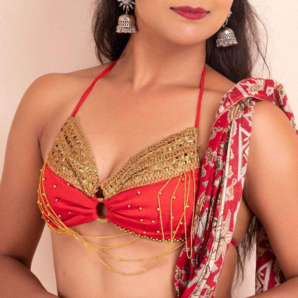 Designer Red Backless Halter Blouse With Golden Lace Trim In Sequined Fabric - Lookandadorn.com