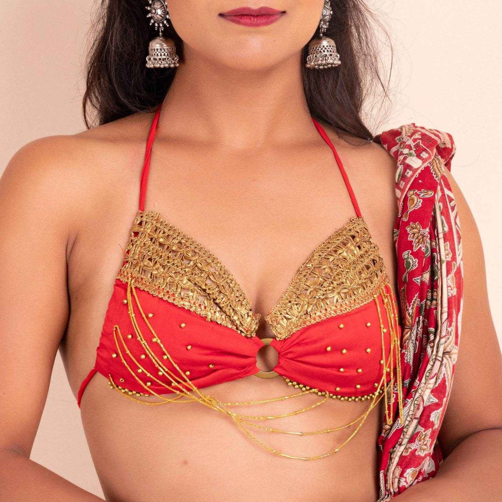 Designer Red Backless Halter Blouse With Golden Lace Trim In Sequined Fabric - Lookandadorn.com