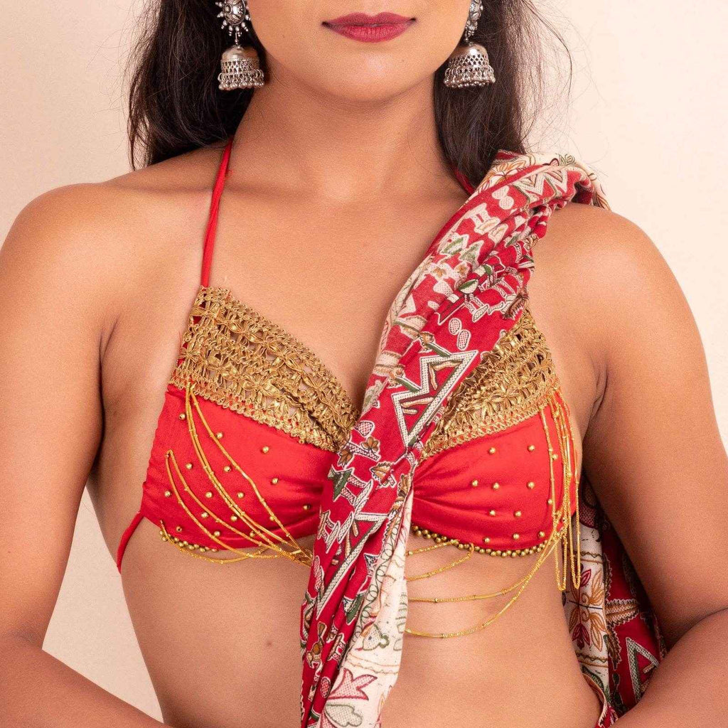 Designer Red Backless Halter Blouse With Golden Lace Trim In Sequined Fabric - Lookandadorn.com