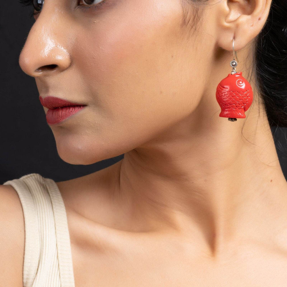 Handcrafted Designer Red Cinnabar Fish Earrings - Lightweight, Unique Design for Everyday Elegance - Lookandadorn.com
