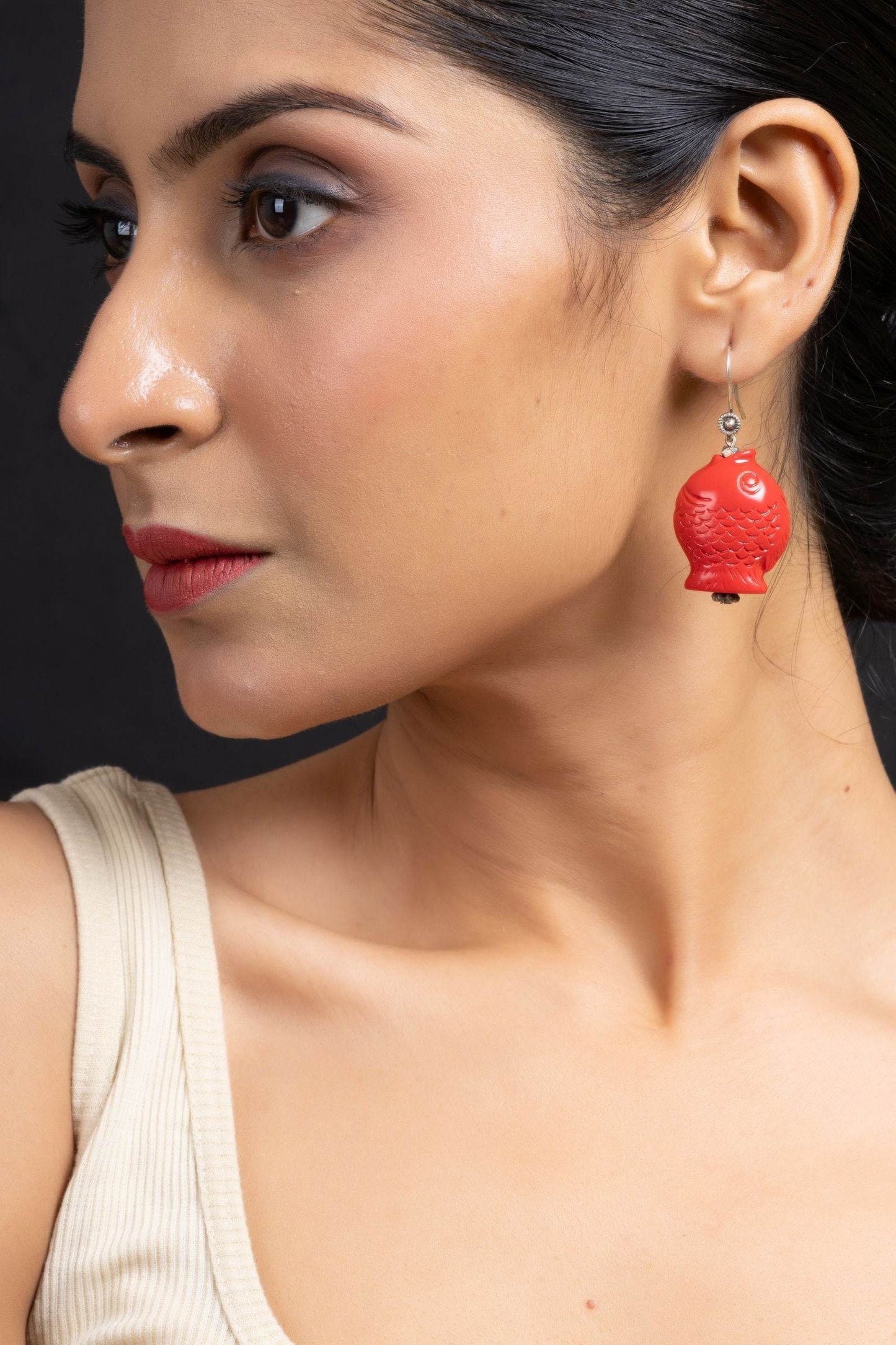 Handcrafted Designer Red Cinnabar Fish Earrings - Lightweight, Unique Design for Everyday Elegance - Lookandadorn.com