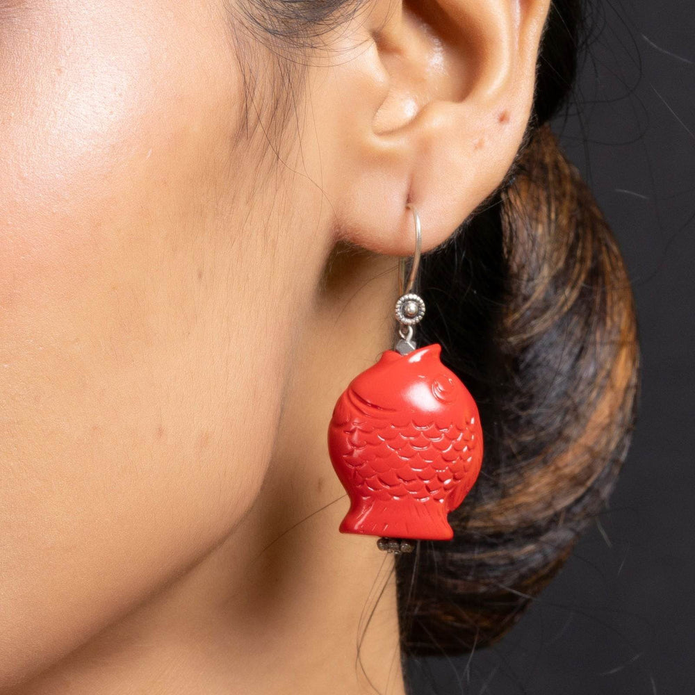 Handcrafted Designer Red Cinnabar Fish Earrings - Lightweight, Unique Design for Everyday Elegance - Lookandadorn.com