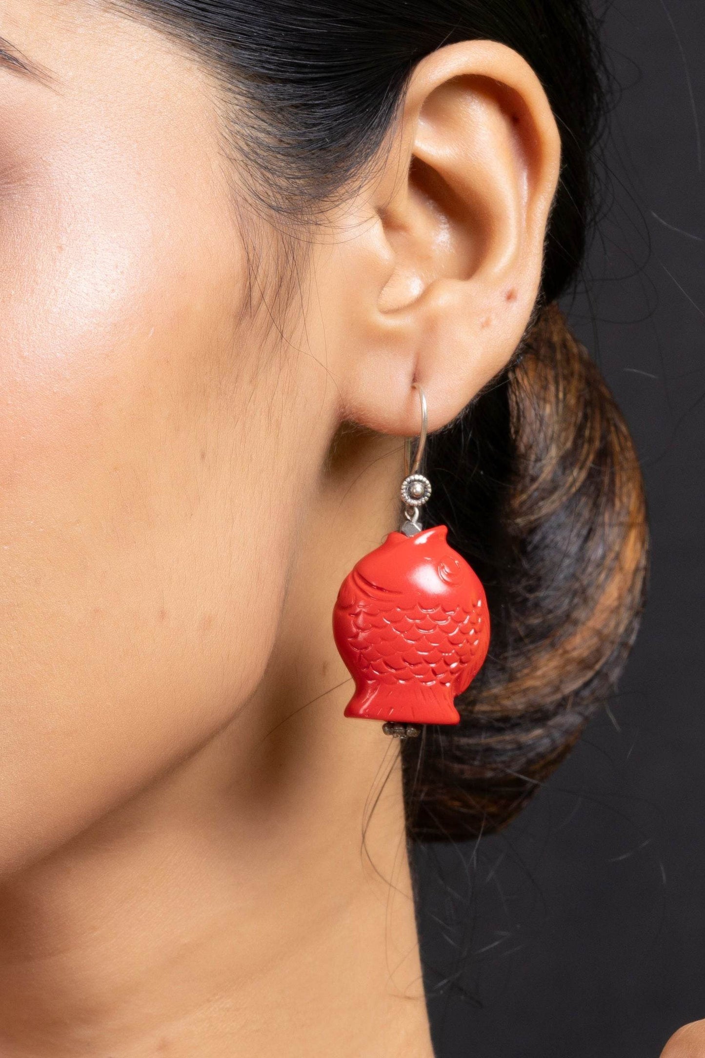 Handcrafted Designer Red Cinnabar Fish Earrings - Lightweight, Unique Design for Everyday Elegance - Lookandadorn.com