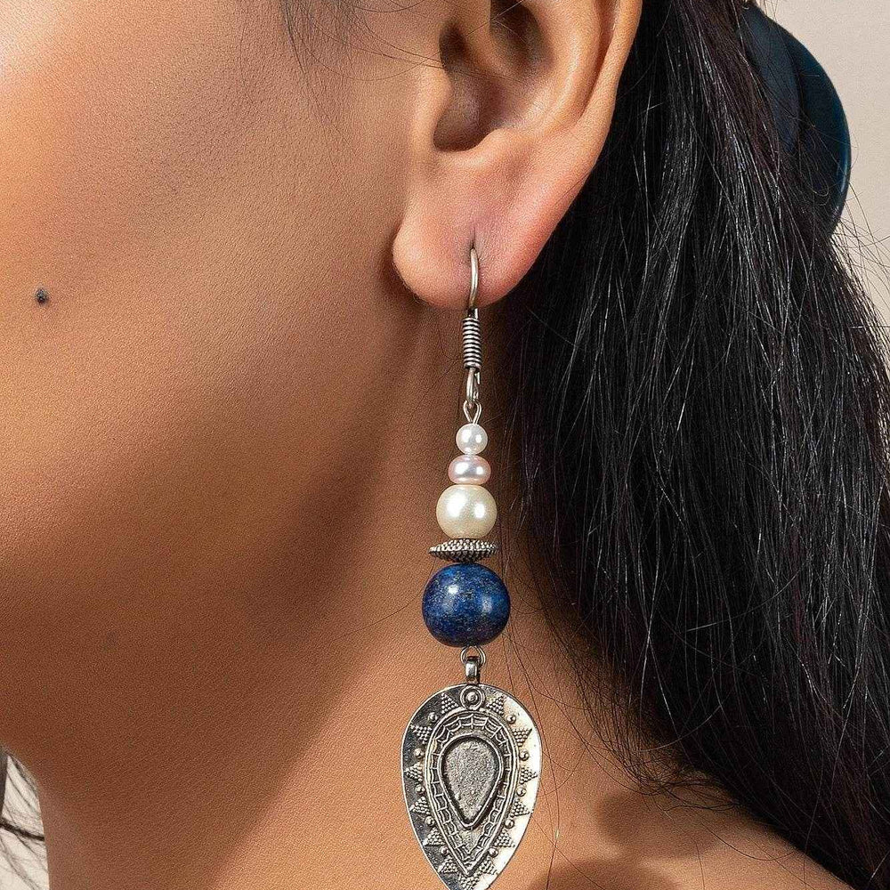 Handcrafted Fresh Water Pearl Semi Precious Lapis Stone with German Silver Drop Earrings - Lookandadorn.com