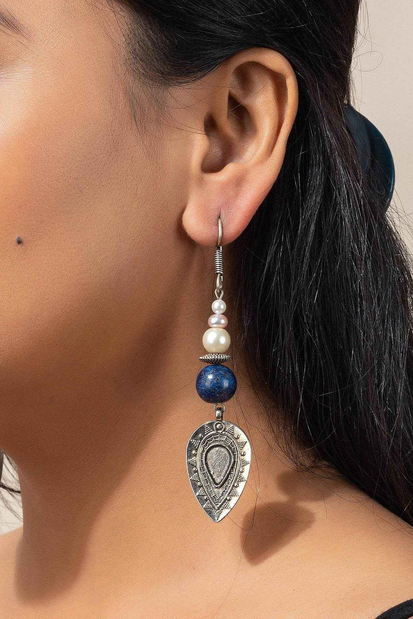 Handcrafted Fresh Water Pearl Semi Precious Lapis Stone with German Silver Drop Earrings - Lookandadorn.com
