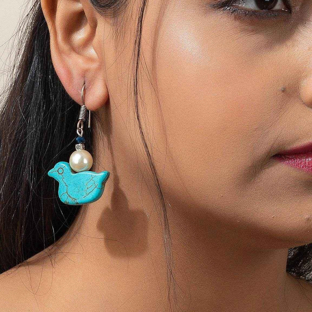 Designer Handmade Blue Turquoise Duck Earrings with Faux Pearl – Unique Jewelry - Lookandadorn.com