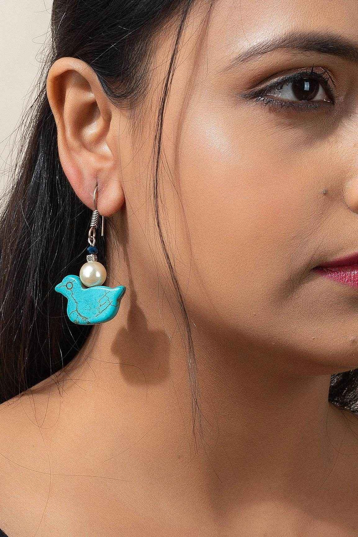 Designer Handmade Blue Turquoise Duck Earrings with Faux Pearl – Unique Jewelry - Lookandadorn.com