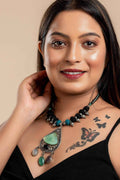 Designer Dual Tone Adjustable Cotton Dori Neckpiece with Semi Precious Stone Studded German Silver Pendant - Lookandadorn.com