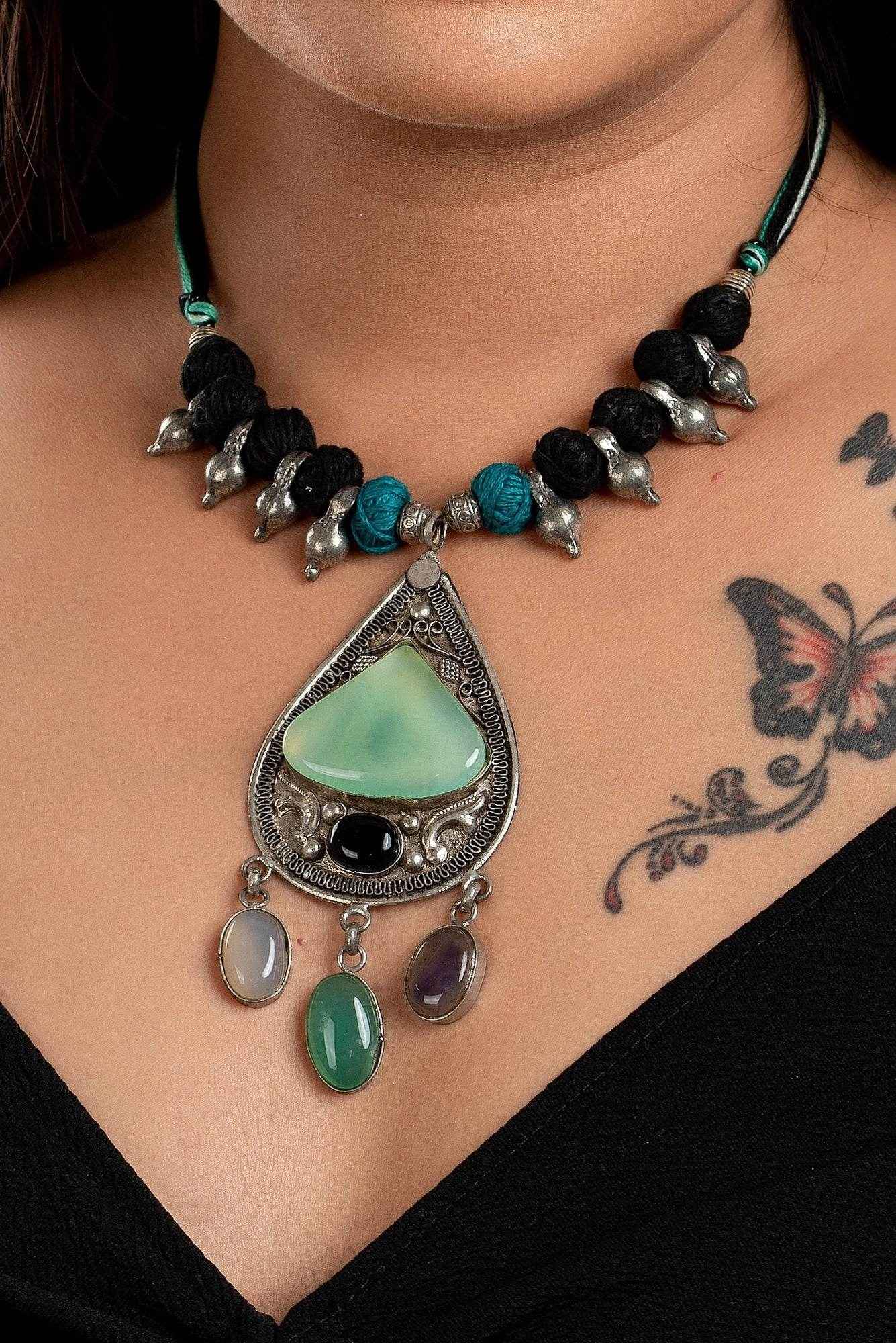 Designer Dual Tone Adjustable Cotton Dori Neckpiece with Semi Precious Stone Studded German Silver Pendant - Lookandadorn.com
