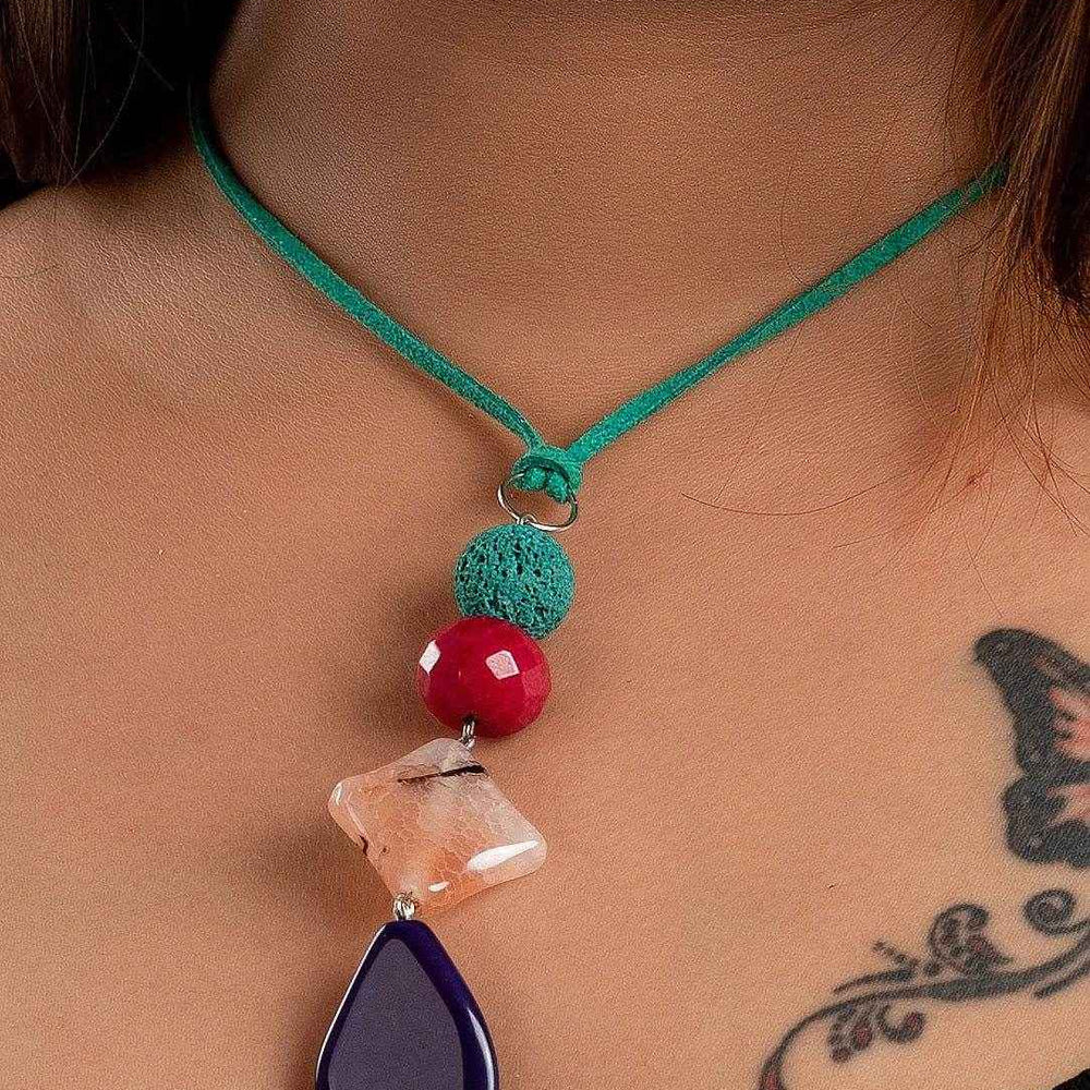 Agate Onyx & Lava Bead Handcrafted Jewelry Pendant With Adjustable Suede Cord Neckpiece - Lookandadorn.com